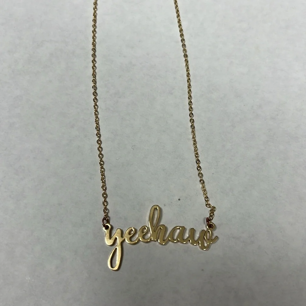 Gold tone yeehaw cursive scripture country western cowgirl rodeo necklace - Picture 8 of 11